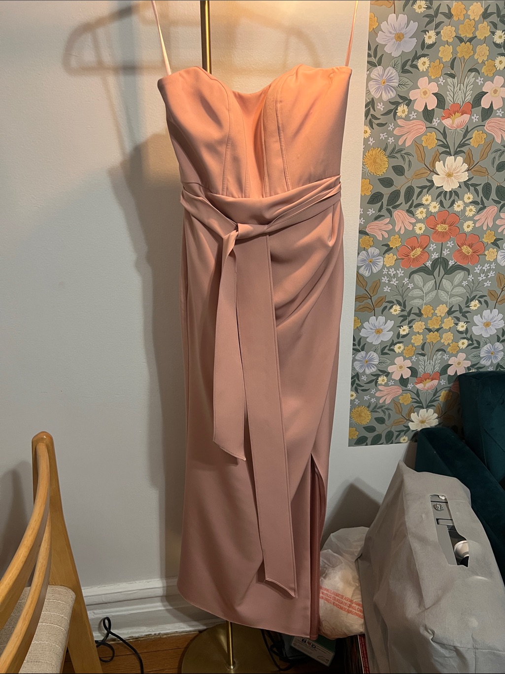 Revelry Strapless Blush Satin Gown With Draped Waist Tie